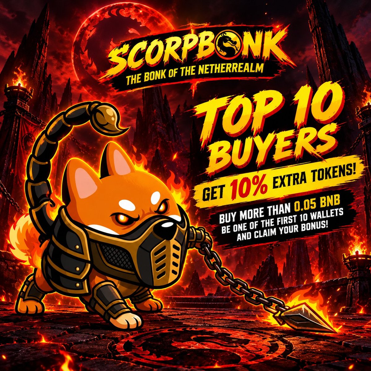 ScorpBonk's tweet photo. 🦂🔥 ONLY 10 SPOTS. 10% EXTRA TOKENS!

The first 10 wallets to buy MORE THAN 0.05 BNB get a 🔥 10% SCORPBONK BONUS!

⏳ First come, first served. When the 10 spots are gone, the bonus is gone!

⚔️ ENTER THE NETHERREALM https://t.co/q9D6UahDmN

#SCORPBONK #BNBChain #MemeCoin https://t.co/ycLk2UF6KJ