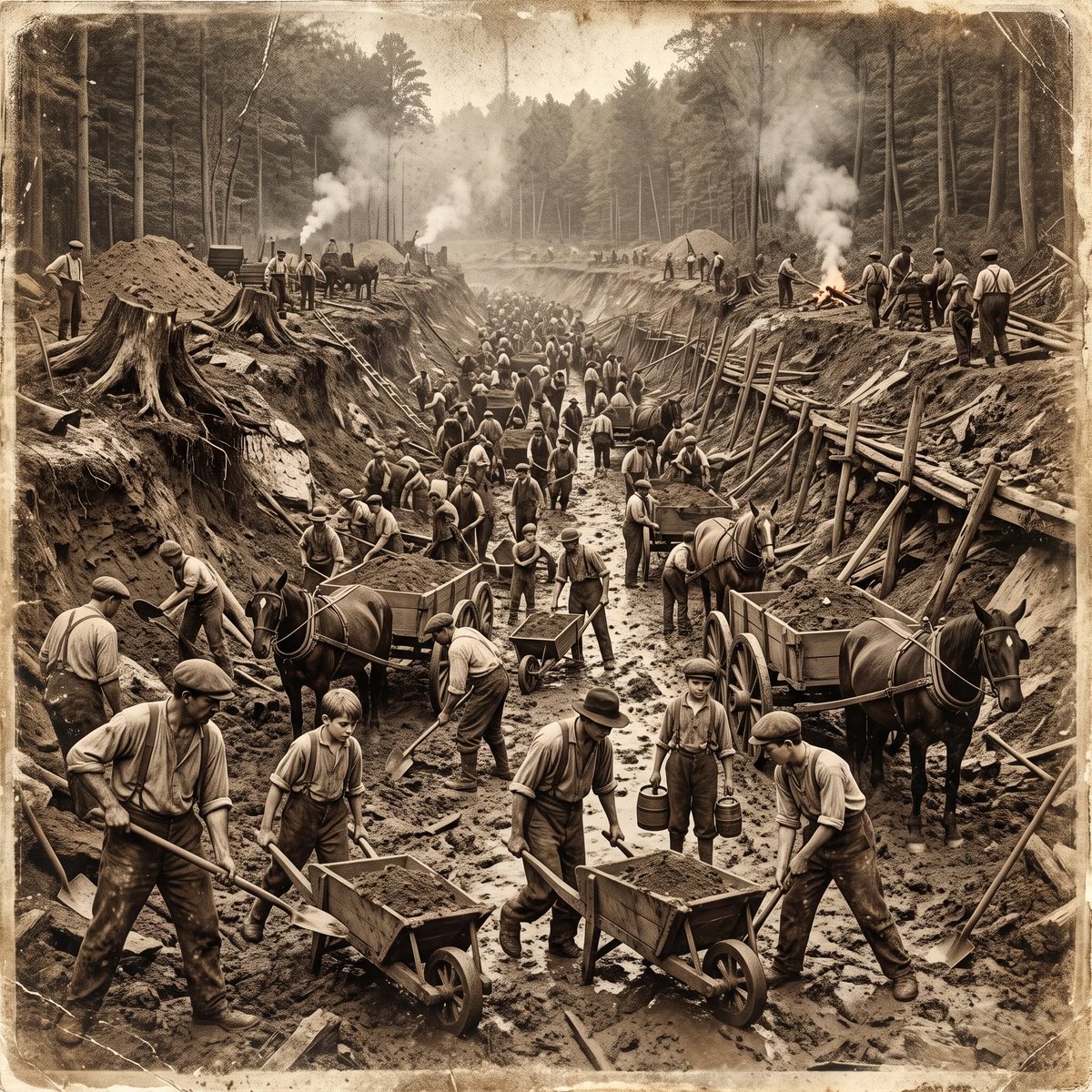 PopHemingway's tweet photo. In 1817, New York decided to cut a river across 363 miles of swamp, forest, and rock. Hudson River to Lake Erie. Engineers said it was impossible. The U.S. had never built a canal over 28 miles. No engineers signed up. So farmers and Irish immigrants dug it. 50,000 men with shovels, wheelbarrows, and black powder. Pay was 80 cents a day plus whiskey.

They dug through Montezuma Swamp — malaria killed 1,000 men in one summer. They called it “digging their graves.” They blasted through limestone at Lockport with gunpowder. One bad fuse and you were gone. Boys carried powder kegs. 8-year-olds. They invented American engineering on the job. No cement existed, so they found natural rock in New York that hardened underwater. They invented it. Called it “Rosendale cement.” It built the Brooklyn Bridge later.

In 1825 they opened it. Governor Clinton poured Lake Erie water into the Hudson. They called it “Wedding of the Waters.” Freight cost dropped from $100 a ton to $10. New York City became New York City. 1,000 men died and are buried in unmarked ditches along Route 31. No monument. The canal paid for itself in 7 years.