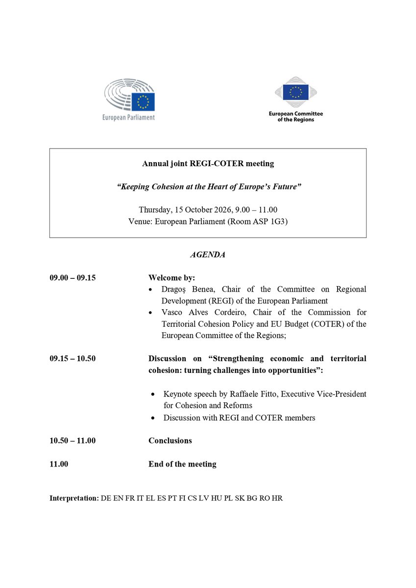 EP_Regional's tweet photo. 📌Joint @EP_Regional &amp; COTER (@EU_CoR) meeting on the future of Cohesion policy and the role of regions and cities in shaping EU’s next budget.

🗓️Thursday, 9.00-11.00
📍European Parliament, ASP 1G3

🗣️Co-chaired by Dragoş Benea &amp; Vasco Alves Cordeiro, w/ @RaffaeleFitto

🧵1/2 https://t.co/AaJlrucbZV