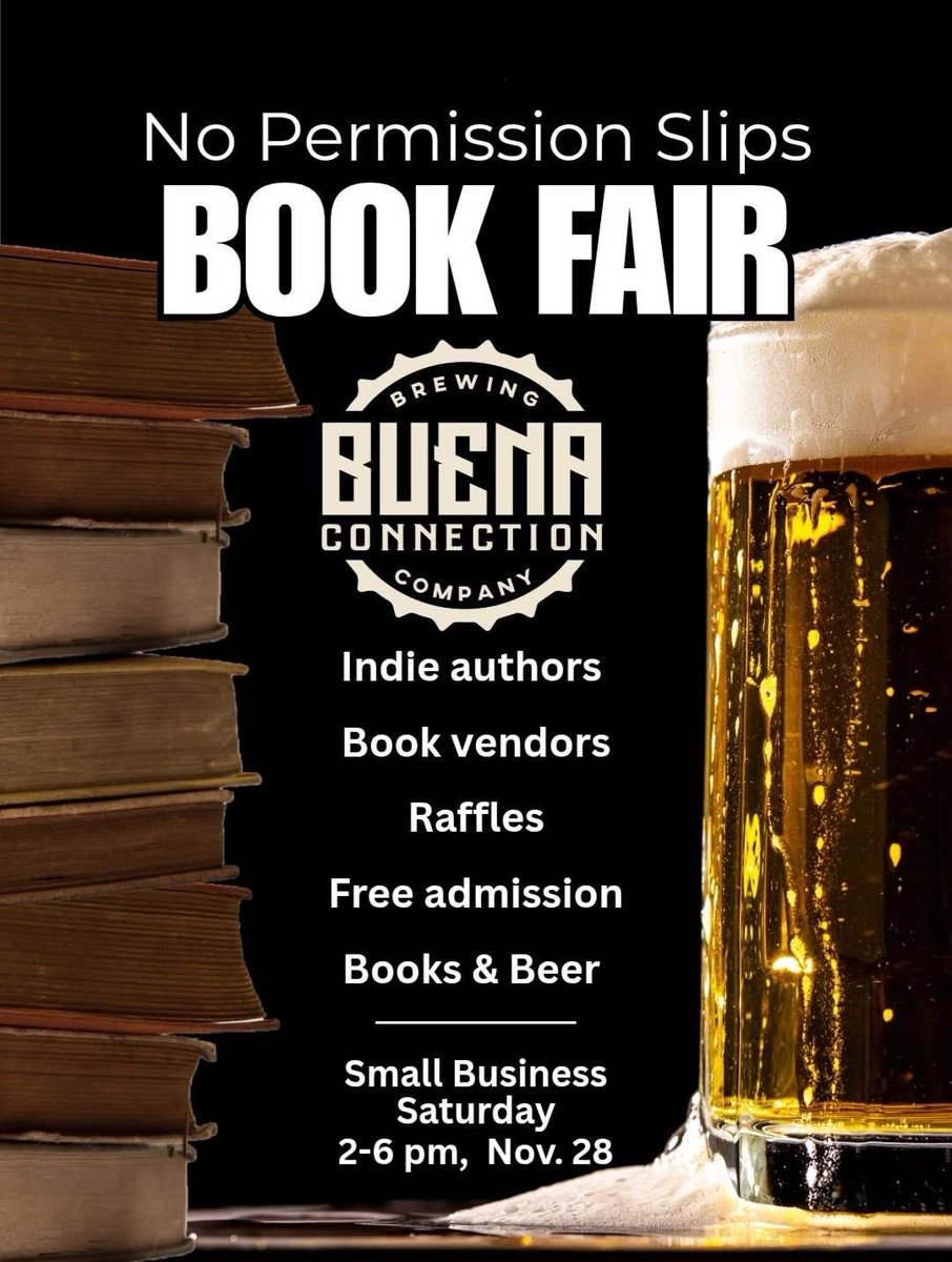 DanielleWozunk's tweet photo. 📚🍻 The Literary Love Affair is sharing this find! No Permission Slips Book Fair at Buena Connection Brewing! Indie authors, book vendors, raffles &amp; FREE admission! 🎉

📅 Nov. 28 • 2–6 PM

#SouthJersey #NJEvents #BookLovers #ShopSmall #SmallBusinessSaturday https://t.co/TIjZClVGEd