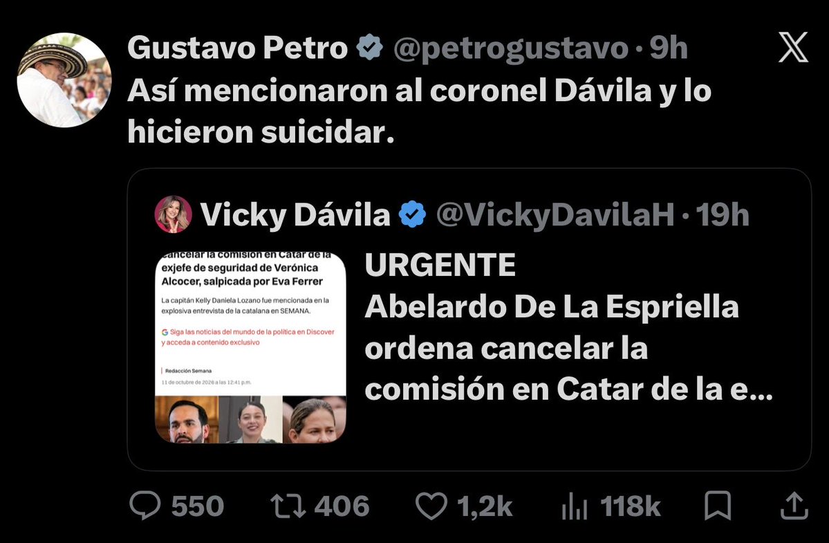 ByViral24's tweet photo. 🔴🇨🇴ATENCIÓN. En 2023 @petrogustavo aseguraba férreamente que el coronel Oscar Dávila se habría suicidado, ayer cambia de versión señalando que lo hicieron “suicidar” 
🚨Petro está confesando que su gobierno tiene que ver en su muerte? 
🚨Que sabía el coronel Dávila sobre Verónica Alcocer y Laura Sarabia.

Y algo más el coronel realmente murió en el carro o ya estaba muerto ?  Y habría sido asesinado antes… al enterarse de los NarcoVuelos y las maletas?
