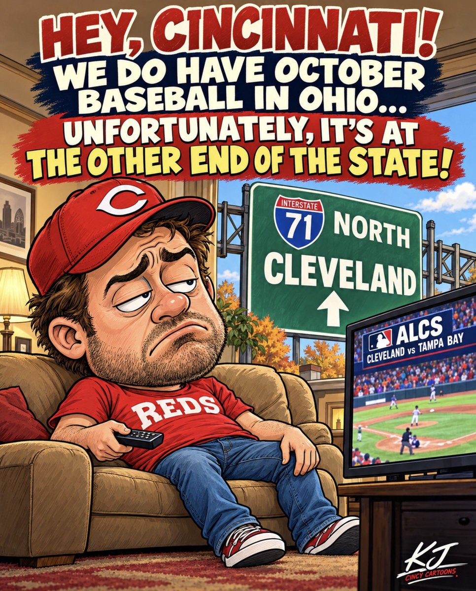 cincybuffs's tweet photo. Cincinnati’s October lineup: couch, remote, and directions to Cleveland. 😭⚾

Click the link to view the accompanying article…
https://t.co/fqiA54jkz5
By Tim Stebbins @tim_stebbins

@Reds @CleGuardians @RaysBaseball @MLB
#Reds #ALCS #CincyCartoons https://t.co/68KF3yNz0o