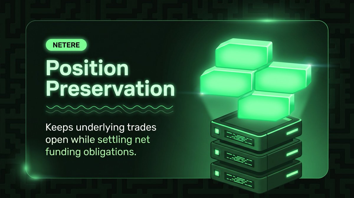 NetereFusion's tweet photo. Funding efficiency should not require sacrificing market exposure.

Netere preserves underlying perpetual trades while calculating net funding obligations across eligible positions.

Keep your positions open. Net the funding. https://t.co/fmMrDINXfH