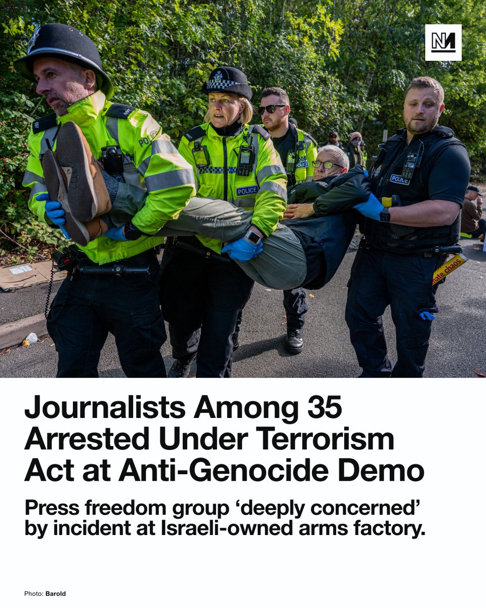 novaramedia's tweet photo. Police in Leicester arrested at least five journalists under the Terrorism Act while they were reporting on a protest outside a drone factory owned by an Israeli arms company.

The journalists were detained for two hours last Thursday at a UAV Tactical Systems factory owned by Elbit Systems, which makes weapons that are used in Israel’s genocide in Gaza.

Those arrested included two reporters for the Leicester Gazette and three freelance photojournalists. Police only let them go once they shared information to prove they attended the protest in their capacity as journalists, Press Gazette reported.

A photographer who goes by the name Just Barold on social media was among those detained.

“Multiple journalists including myself were arrested under section 13 of the Terrorism Act for going to work,” he wrote. “An officer told me that I would be de-arrested as soon as I gave my details despite identifying myself as a journalist with a press card.

“Our arresting officer was unable to articulate what caused the suspicion but it did instantly vanish when they got my name, address and date of birth.”

Press advocacy group Reporters Without Borders said in a statement that it was “deeply concerned to hear of the arrest of journalists covering a protest in Leicester, particularly given they had identified themselves as such to police.”

It added: “No journalist should have to weigh the risk of arrest against their duty to inform the public. If reporters cannot cover protests freely, the public is left in the dark about events it has a right to know about. Policing and government must ensure that journalists are free to do their jobs without interference.”

In total, police arrested 35 people at the protest under section 13 of the Terrorism Act. Some of the protesters held signs reading, “I oppose genocide. I support Palestine Action”. The proscribed group has frequently targeted and damaged factories owned by Elbit Systems.