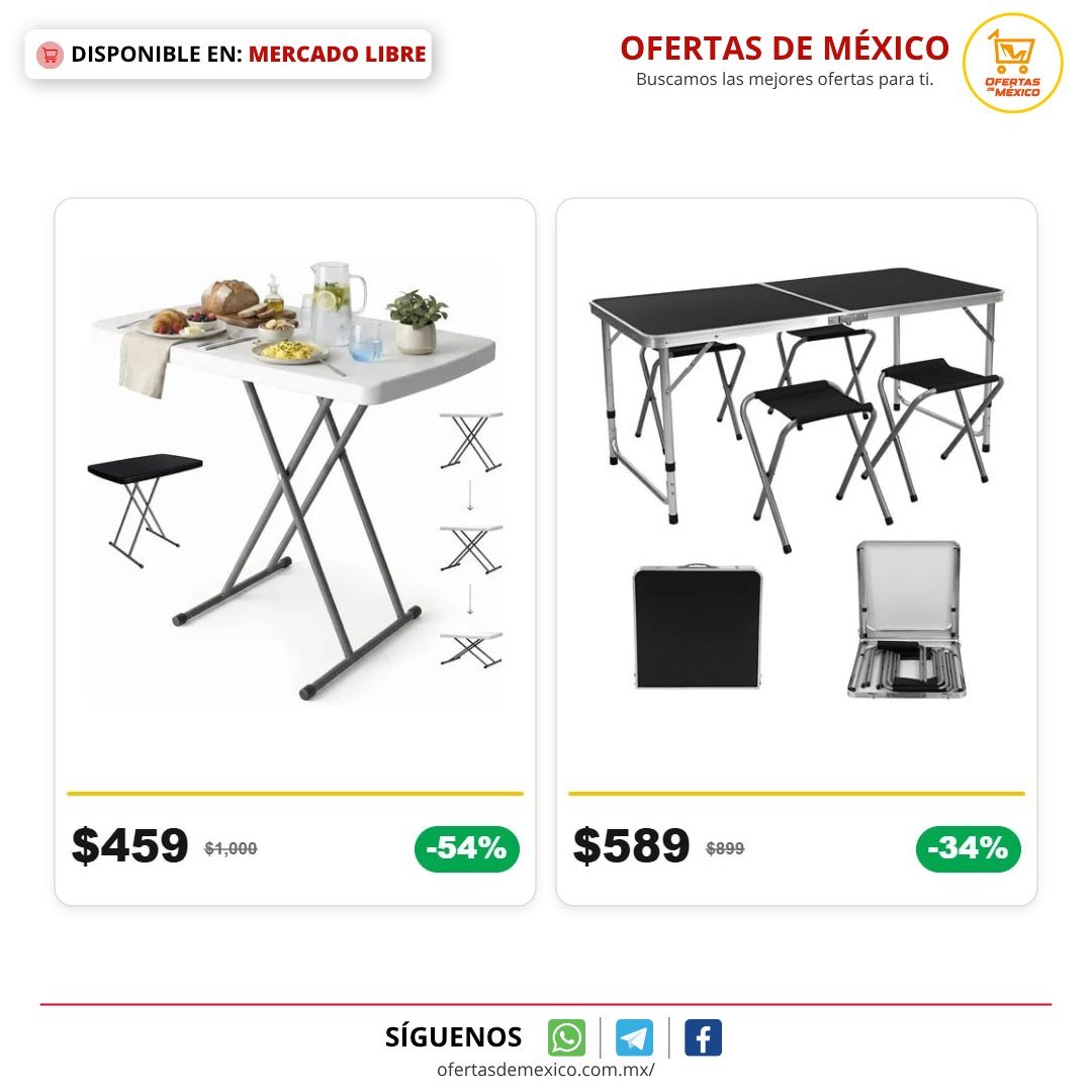 ofertasdemx's tweet photo. 🔥 OFERTAS DE MERCADO LIBRE 🔥

🔥 (-54%) Raganet mesa de servicio chica plegable 8 elevaciones
👉🏽 Ver: https://t.co/wqfQ8eRxJl
🟢 Actual: $459 🔴 Antes: $1,000

🔥 (-34%) Mesa Plegable Tipo Portafolio Con 4 Sillas Portátiles 1.20 M Color Negro SelectShop
👉🏽 Ver: https://t.co/ooK4DJ4PAW
🟢 Actual: $589 🔴 Antes: $899

🛒 No olvides revisar los cupones del día y aprovecharlos en tu carrito.

#ofertaml #mercadolibre #ofertasdemexico