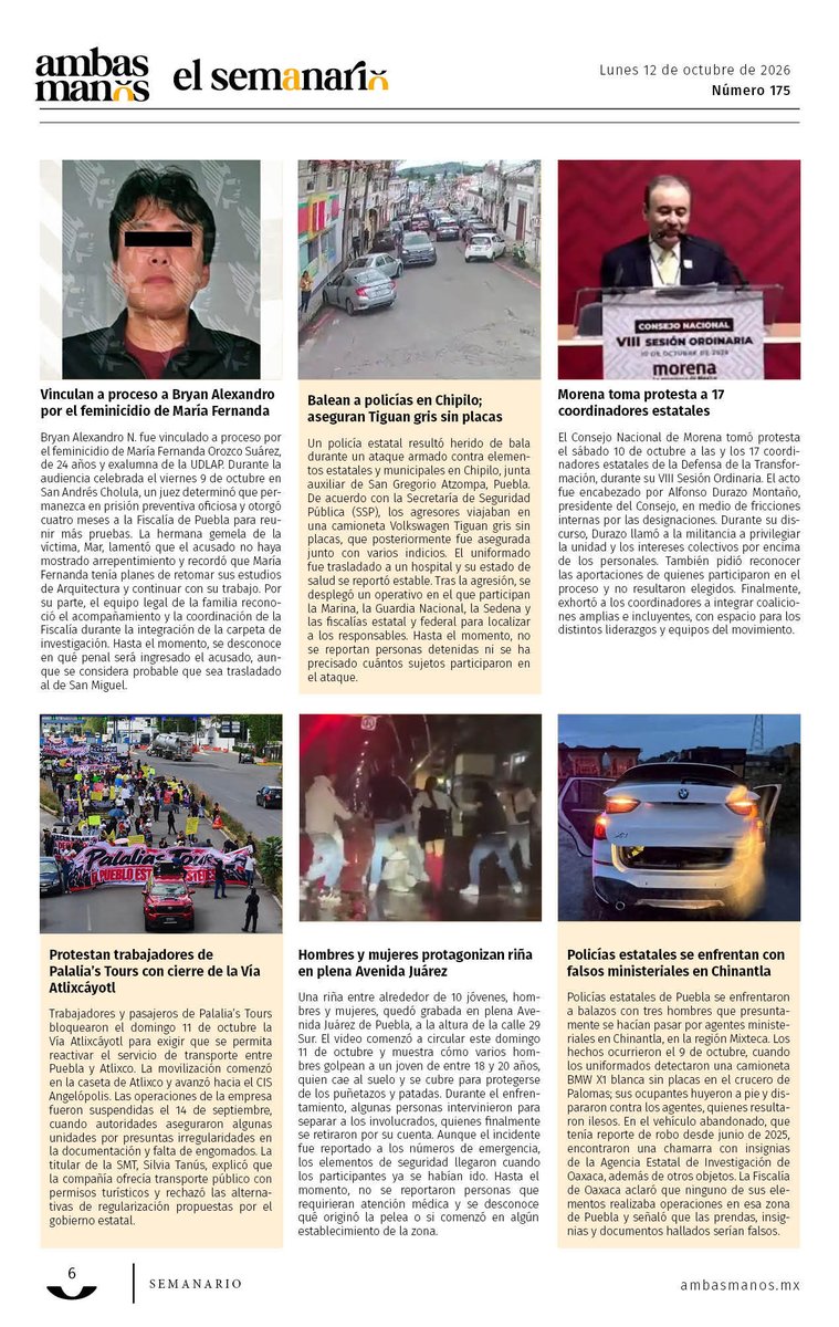 Ambas_Manos's tweet photo. #ElSemanario 📰 Lo tienes que saber
✔️Balean a policías en Chipilo; aseguran Tiguan gris sin placas
✔️Morena toma protesta a 17 coordinadores estatales
✔️Hombres y mujeres protagonizan riña en avenida Juárez.
https://t.co/vHWMUtKeFQ https://t.co/BRMLBhBvll