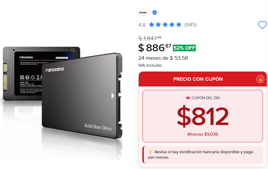 ofertasdemx's tweet photo. CUPÓN DISPONIBLE (-52%) Fanxiang Disco Duro Solido Ssd 256gb Sata Iii Hasta 550mb/s

👉🏽 Ver: https://t.co/jdmssHF4wj
🔎 O búscalo con este ID: OFEMEX-8DYQ

🟢 Actual: $886.67 🔴 Antes: $1,847.00

🔥Con promos 👇🏽
✅ Queda en: $812 🎟 SAMEWOW

⭐️Otros cupones del día:
🎟 SAMEFLASH (Desc. $450)
🎟 SAMEPRECIO (Desc. $250)

#ofertasdemexico #mercadolibre #ofertaml