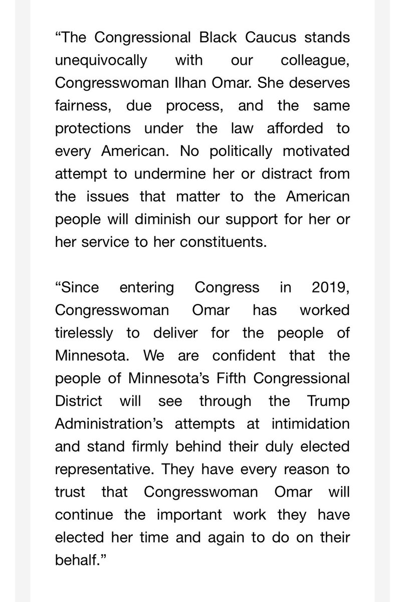 Phil_Lewis_'s tweet photo. The Congressional Black Caucus called the raid of Rep. Ilhan Omar’s home a “sham” and an attempt to “manufacture an appearance of wrongdoing on the eve of the midterm elections, without any apparent legal basis” https://t.co/3pYp8hUUUb