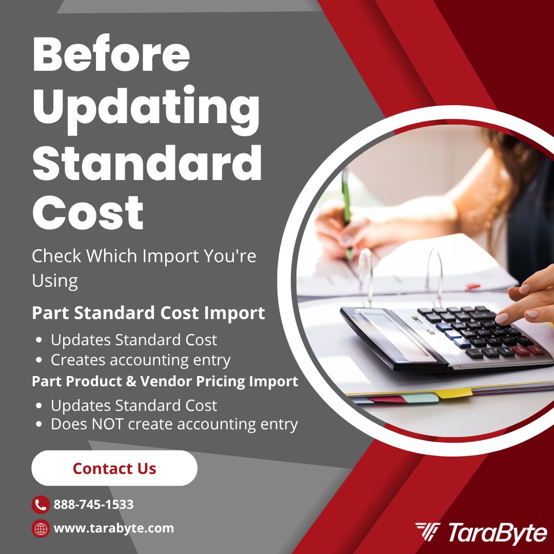 TaraByte01's tweet photo. Two Fishbowl imports update Standard Cost, but only the Part Standard Cost Import creates the accounting entry. The Product and Vendor Pricing Import doesn’t. Save this before your next update.

#FishbowlAdvanced #StandardCost #CostAccounting #TarabyteSolutions https://t.co/Ws0KZXogzI