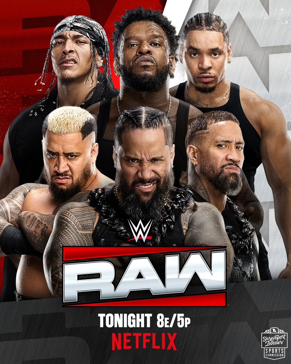WWE's tweet photo. This is going to be chaos. 😤

The 946 throw down with @WWEUsos and Solo Sikoa in a Six-Man Tag Team Match TONIGHT on #WWERaw!

📍: Bossier City, LA
🎟️: https://t.co/N57aKjuYdr
📺: 8 ET/5 PT on @netflix https://t.co/iHu1JN7O5j