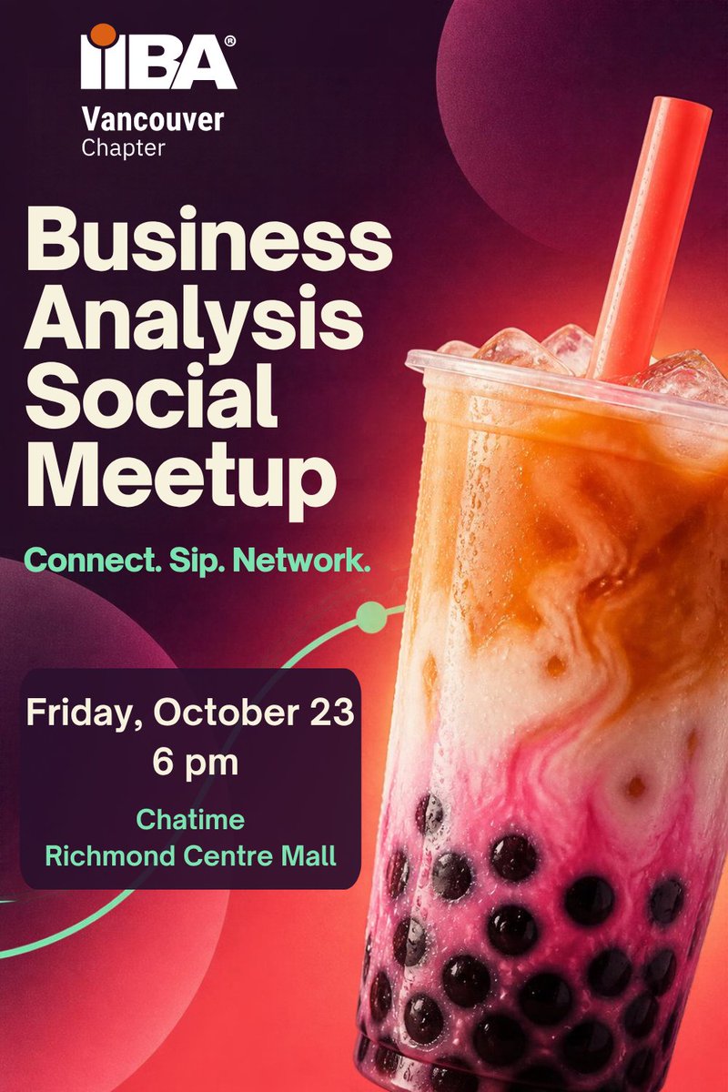 IIBAVan's tweet photo. IIBA BA Social. Connect. Sip. Network.
📅  Fri, Oct. 23 at 6 pm PT
Informally bringing Business Analysts together.
Chatime Bubble Tea, Richmond Centre Mall
Free, Drop In
RSVP useful to anticipate numbers https://t.co/CAKaldpzk5 https://t.co/0E10MbAjVN