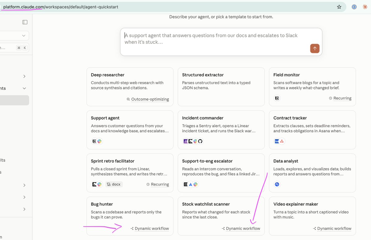 cjav_dev's tweet photo. You can kick the tires with Claude Managed Agent Duynamic workflows, today!

Checkout the Claude Console (https://t.co/tCUhnRkxst) and try out one of the templates with "Dynamic workflow" in the card. https://t.co/d1ooE7mHoO