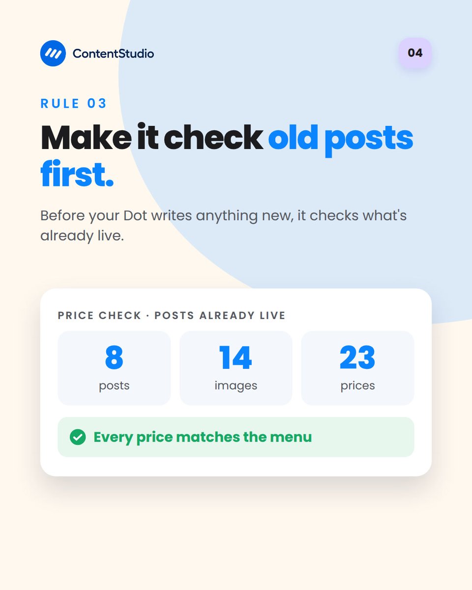 ContentStudioio's tweet photo. ChatGPT Dots can draft, schedule and publish for you.

Before you hand one your client's socials, set 3 rules:

1. Choose what it posts on its own
2. Give it the facts
3. Make it check old posts first

Full setup with ContentStudio 👇
https://t.co/Sub4do10yR https://t.co/lrCZ33pXLK