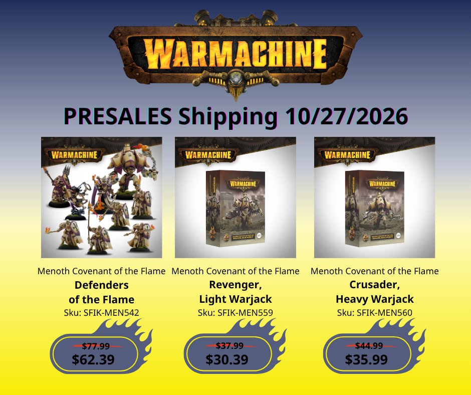 DGI_Main's tweet photo. 🔥 NEW WARMACHINE FACTION! The Protectorate of Menoth: Covenant of the Flame is here! PRESALES are LIVE for Defenders of the Flame, Revenger &amp; Crusader. Ships 10/27/26 &amp; 20% OFF! 🔥 #Warmachine #Menoth

https://t.co/qkCk4WMiio https://t.co/hTFzwrUnAJ