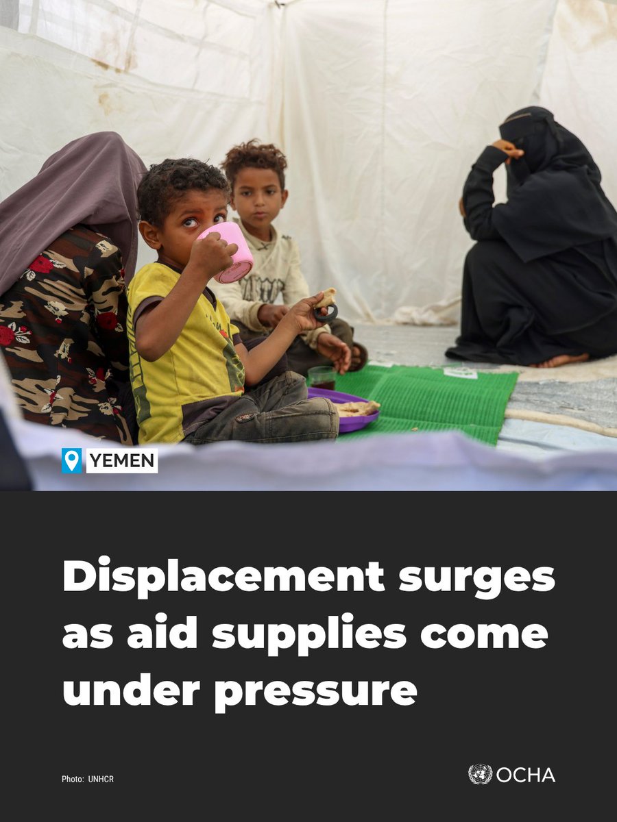 UNOCHA's tweet photo. In #Yemen, more than 216,000 people have been displaced since the start of August.

Humanitarians have reached 143,000 people with emergency assistance, but growing needs, access constraints and limited resources continue to challenge the response.

Read: https://t.co/eaWyAQOq9o https://t.co/Qc74zqJvKm