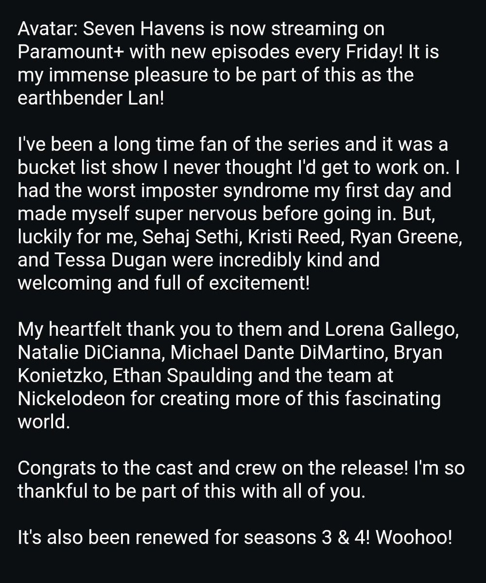 ItsXanthor's tweet photo. Avatar: Seven Havens is now streaming on @paramountplus with new episodes every Friday! It is my immense pleasure to be part of this as the earthbender Lan!💚💚💚

Thank you so much to everyone at @Nickelodeon that worked hard to create more of this legendary series! https://t.co/BiTRKIw3Z3