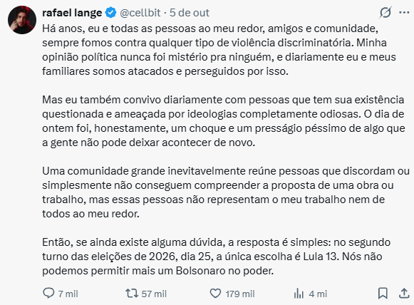 olivernoronha's tweet photo. Cerca de 180 mil pessoas concordaram com o posicionamento do Cellbit em votar no Lula, mesmo após o Lula ter quebrado o mercado dos Gamers no Brasil e revogado todas as retiradas de tributos de Bolsonaro dos eletrônicos.

A comunidade Gamer deveria dar uma resposta muito mais forte e enfática contra esse hipócrita, traidor e socialistinha viadinho.

Mesmo depois que o Flávio vencer, essa putaria desse moleque jamais deverá ser esquecida.