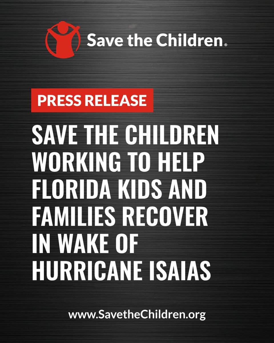 SavetheChildren's tweet photo. NEWS: Save the Children Working to Help Florida Kids and Families Recover, Regain Stability in Wake of Destructive Hurricane Isaias

As communities in the Florida Panhandle grapple with the devastating aftermath of Hurricane Isaias, Save the Children is continuing to meet the urgent and long-term needs of children and families whose lives have been upended by the devastating storm. Prior to landfall, the global humanitarian organization provided anticipatory cash assistance to help families with disabilities prepare for the storm, and is now turning its attention to deliver additional cash assistance and emergency supplies, while supporting childcare recovery. 

Isaias has left families facing widespread power outages, blocked roads, interrupted critical services, safety hazards from fallen trees, and impacted childcare centers, schools and playgrounds. As families face the uncertainty of recovery, Save the Children is collaborating with emergency, education and faith-based partners to: 
• Provide flexible cash assistance to help caregivers cover urgent expenses, including food, water, gas and temporary lodging.
• Deliver critical child-focused supplies, such as diapers and wipes, to children and families who need them most.
• Help childcare and early learning centers recover by working with childcare partners and affected providers to understand damage, address barriers to reopening and restoring essential services for children and hardworking families.

"Helping families with disabilities prepare for Hurricane Isaias before the storm—providing cash assistance for critical essentials like medications, accessible transportation and temporary lodging — was a powerful reminder of how timely support can make a life-changing difference in a moment of uncertainty. Through our collaboration with Special Olympics and other disability-focused partners, we’ve already heard from families moved to tears by what this assistance meant to them at such a critical time,” said James Orlando, managing director of U.S. emergencies for Save the Children. “But days after the storm, our teams on the ground are still seeing the impacts, and the full extent of recovery needs is only beginning to emerge. Many families remain without power, under boil-water notices and uncertain about what comes next. Save the Children remains committed to standing alongside these families, their children and the educators who support them — providing urgent relief now and helping communities recover and rebuild in the weeks and months ahead.” 

To speed up and strengthen childcare supports after hurricanes and emergencies, Save the Children established the Gulf Coast Resilience Network in 2021 – a partnership of childcare networks in five hurricane prone states, including Florida. The global humanitarian organization supports the network through childcare emergency preparedness training, mental health supports for children and caregivers, and rapid assistance to help childcare centers recover and reopen after a disaster.  

Save the Children has been helping America’s children recover from major disasters for over 20 years, including Hurricanes Helene and Milton in 2024, as well as the devastating wildfires in Washington state and flooding in Hawaii earlier this year.