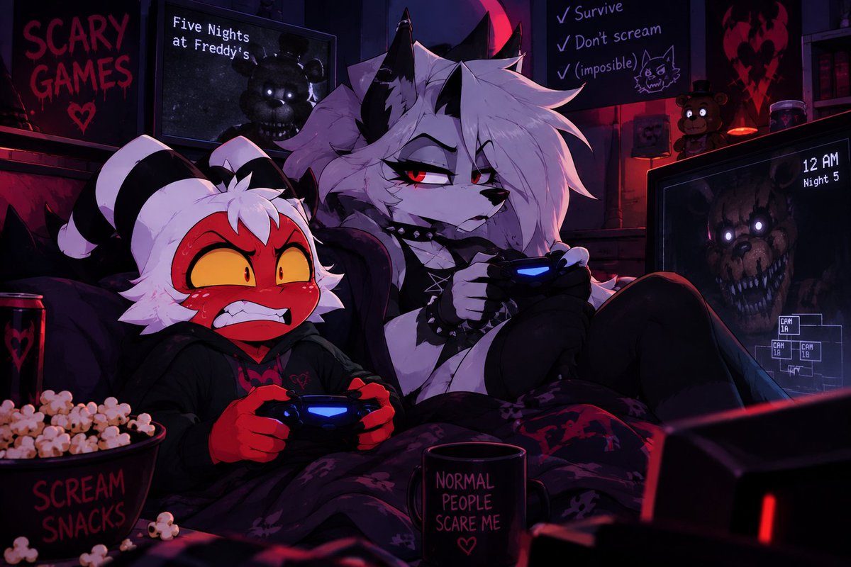 Workerimp's tweet photo. Just hanging out at the arcade with stolas as you can see he kept teasing me after the games I went to go play with one of my annoying co-workers loona😈🐺🐦‍⬛
#Moxxie #stolasfanart #loona #hellhound #imp https://t.co/SMTJsPbzi1