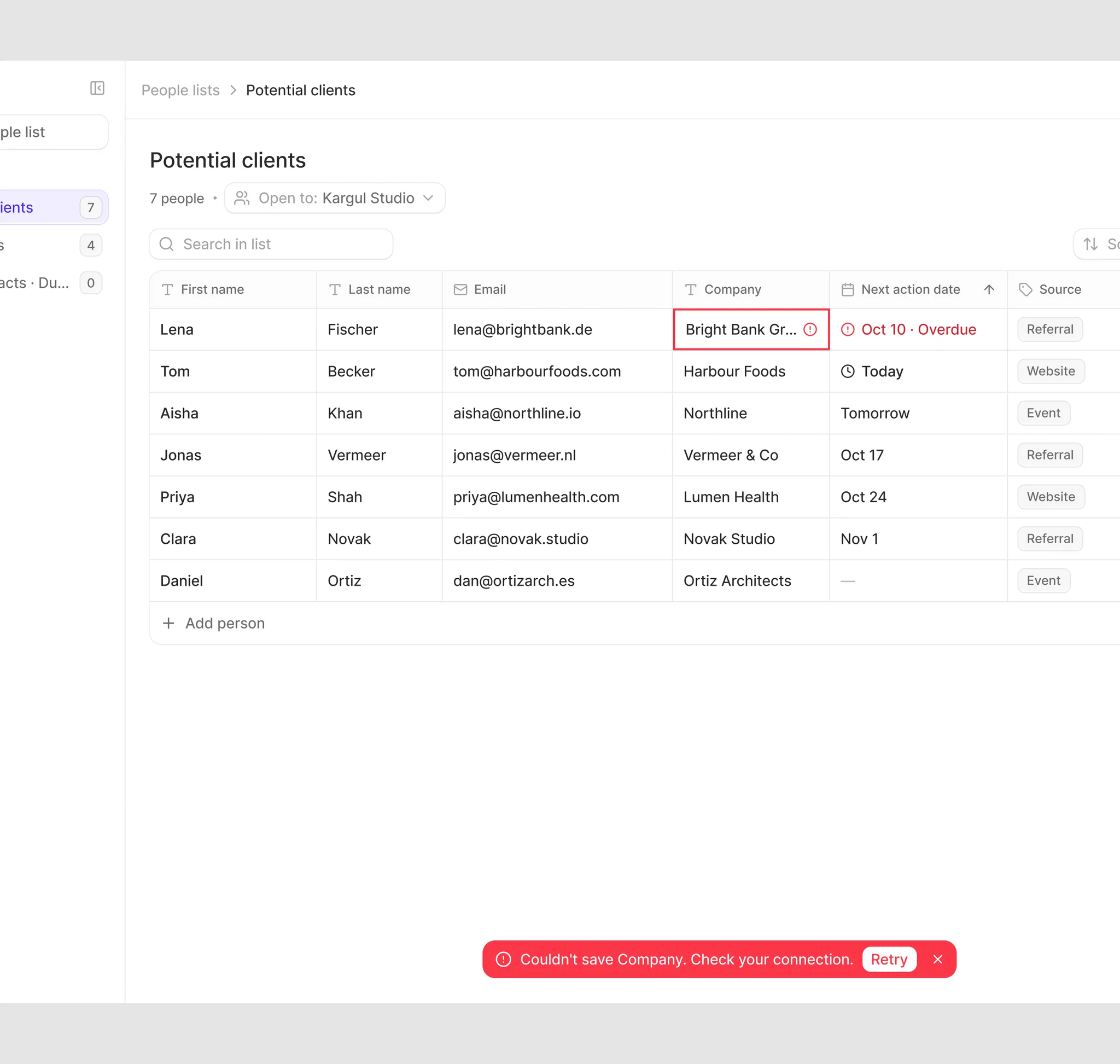 CRM 연락처 리스트 — 표 뷰·상세 패널·빈 상태·오류 토스트