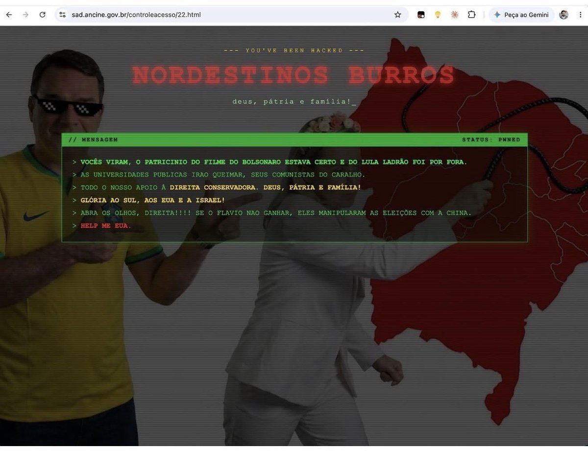 sboficial's tweet photo. 🚨 Site da Ancine é hackeado e Nordestinos são atacados em mensagem. https://t.co/se2hyrgFSc