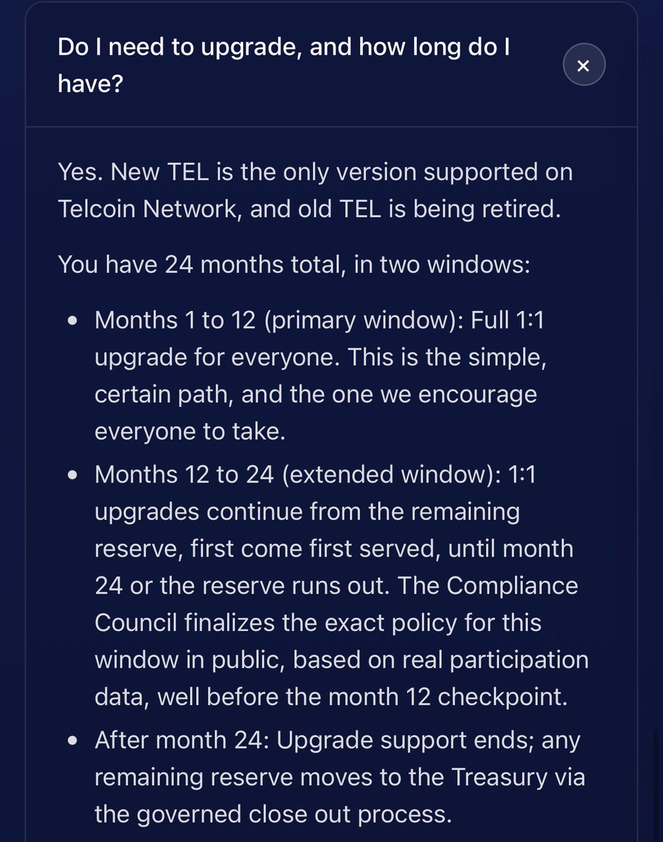 AngelofYHVH's tweet photo. TEL Token Upgrade — Action Required

Everyone will need to upgrade their old TEL tokens to the new base:0x09be1692ca16e06f536f0038ff11d1da8524adb1 tokens.

New $TEL is the only version supported on Telcoin Network. Old 
TEL is being retired.

The upgrade period lasts 24 months, divided into two windows:

• Months 1 to 12 (Primary Window): 

Full 1:1 upgrade for everyone. This is the simple, certain path, and the one we encourage everyone to take.

• Months 12 to 24 (Extended Window): 

1:1 upgrades continue from the remaining reserve, first come first served, until month 24 or the reserve runs out.

• After Month 24: Upgrade support ends; any remaining reserve moves to the Treasury via the governed close out process.

This applies whether your $TEL is in the Telcoin Wallet, DeFi Wallet, Exchange, Hardware Wallet or in a liquidity pool or TELx position.

Check the Current New TEL Exchange (CEX) Status

If it is in discussion, do not upgrade yet.

• Kraken: In Discussion

• KuCoin: In Discussion

• Uphold: In Discussion

• ByBit: In Discussion

• MEXC: In Discussion

• BitGo: In Discussion

• Anchorage: In Discussion

Follow the only Official Guided Path for $TEL Token Upgrade:

https://t.co/tOxRpLzMQu

The Telcoin Association will never DM you an upgrade link or ask for your seed phrase.

@TelcoinTAO