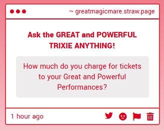 GreatMagicMare's tweet photo. Hmm.. The GREAT and POWERFUL TRRRIXIE'S! Shows are usually.. around... 10 bits-

Why, Yes. IT IS CHEAP But, IT IS BECAUSE I GIVE TO THE PONIES MY SHOW! https://t.co/8NpC17g3ok