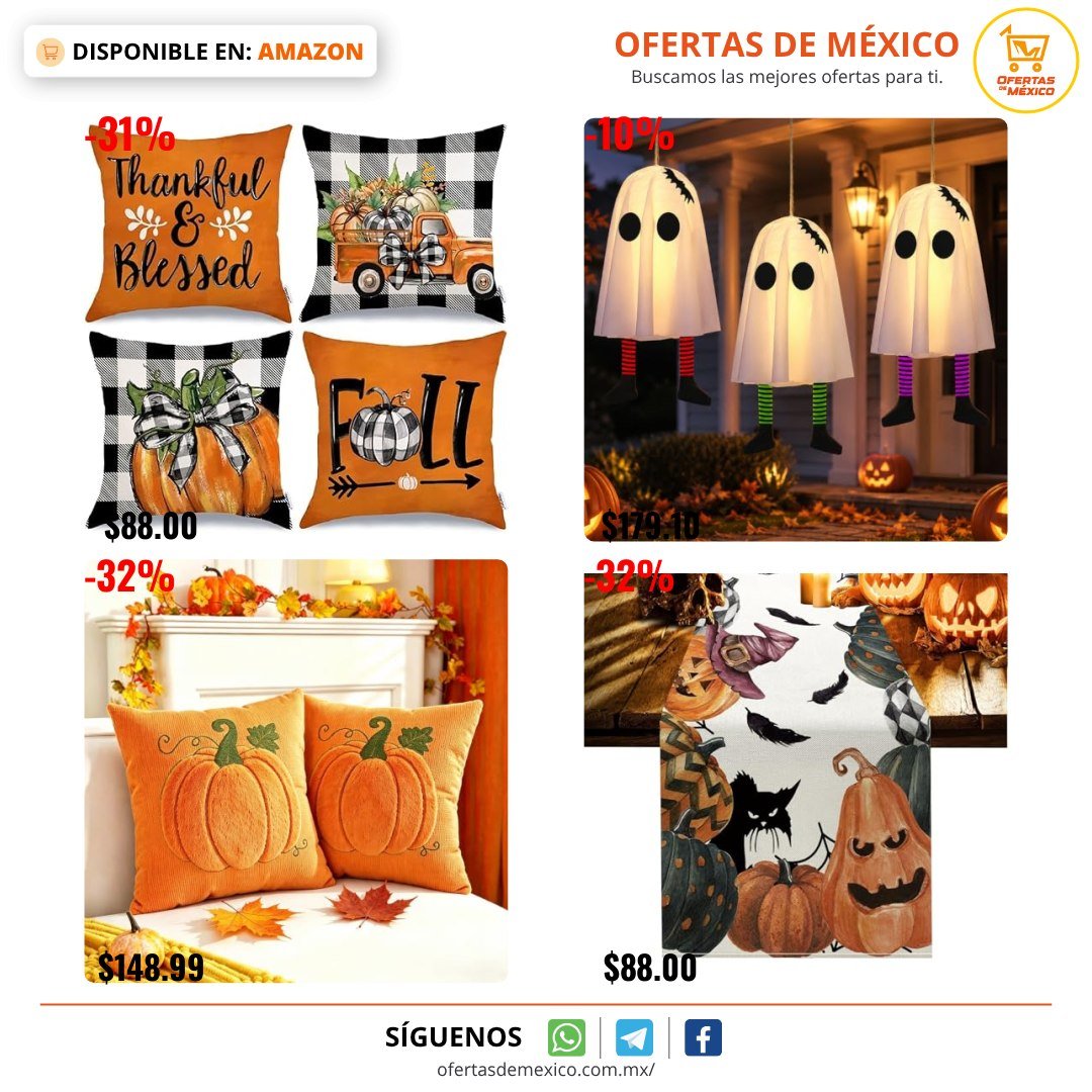 ofertasdemx's tweet photo. 🔥 ESTÁN EN SU MÍNIMO HISTÓRICO 🔥

🔥 (-31%) TAGNEFLOR 4 Fundas de Almohada de otoño,Fundas de Almohada de Lino 18 x 18 Pulgada,decoración de otoño,para sofá y decoración del hogar, Funda de cojín de Acción de Gracias para sofá (C)
👉🏽 Ver: https://t.co/s6Eo78GQpF
✅ $88.00 🔴 $128.00

🔥 (-10%) TAGNEFLOR Fantasmas Colgantes Halloween con Luces LED, Set de 3 Sombreros de Bruja Terroríficos, Decoración para Exterior Jardín Patio Árboles Puerta y Fiestas en Casa con Ambiente Espeluznante (B)
👉🏽 Ver: https://t.co/2K5nIqu34Z
✅ $179.10 🔴 $199.00

🔥 (-32%) 2 Felpa otoño fundas de cojines otoñales, calabazas decorativas de otoño
👉🏽 Ver: https://t.co/irFIsG4OEh
✅ $148.99 🔴 $219.00

🔥 (-32%) PANGP 33X230CM Camino de Mesa de Halloween con Calabaza, Camino de Mesa de Lino Otoño para Acción de Gracias, Decoración Halloween Camino de Mesa para Hogar, Cocina, Comedor, Fiesta
👉🏽 Ver: https://t.co/hz2LSGP56l
✅ $88.00 🔴 $129.00

#minimohistorico #comboofertas #ofertasdemexico