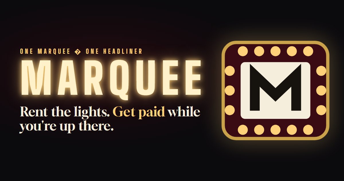 swushstudio's tweet photo. $MARQUEE: your message in lights, paid by the minute while it's up.

→ Outbid the bar (starts at 0.05 SOL) to take it
→ Every 30 min, 50% of the pot pays holders by the minute
→ Each take raises the bar 25%. Idle, it sinks

Paid in SOL from the coin's trading fees.

Live now ↓