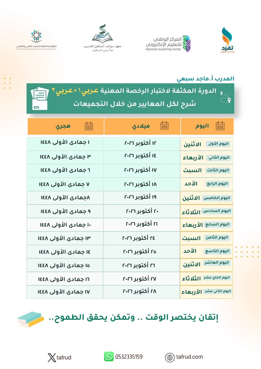 alrukhisa_pro's tweet photo. 🎯 هدفك درجة عالية في اختبار الرخصة المهنية؟ ابدأ بالاستعداد الصح!

دورة مكثفة وشاملة للمعايير، تركّز على المهم وتساعدك تستثمر وقتك في المذاكرة بذكاء.

لا تخلّي الاستعداد للآخر لحظة، ابدأ خطوتك نحو هدفك اليوم! 🚀

#الماجستير_المهني #الرخصة_المهنية https://t.co/jCHz8GbKjf