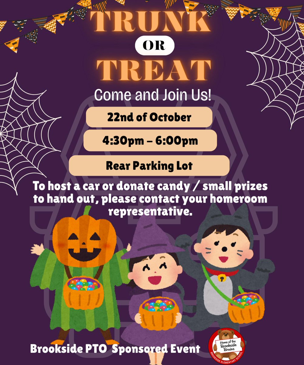 BrooksideBruins's tweet photo. Our Trunk-or-Treat will be here before you know it! If you would like to decorate your car, please contact your homeroom representative.

#TrunkorTreat #BrooksideBEST #ChristinaStrong https://t.co/9ifqmTc8Js