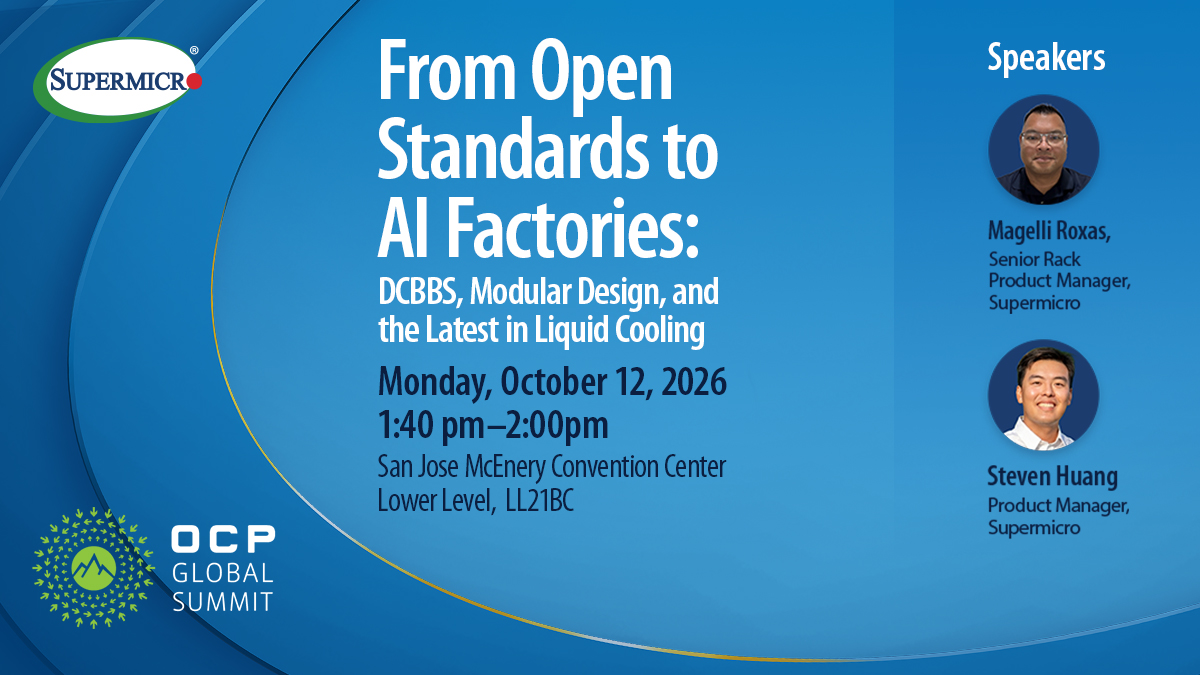 Supermicro's tweet photo. Don't miss out on today's speaker session at OCP Summit with Magelli Roxas and Steven Huang, where we'll highlight the latest advances in data center liquid cooling.

📅Monday, October 12, 2026
🕔 1:40 PM
📍 SJCC | Lower Level | LL21BC

Join us today: https://t.co/vqESGGKkZG

#OCPSummit26 #Supermicro