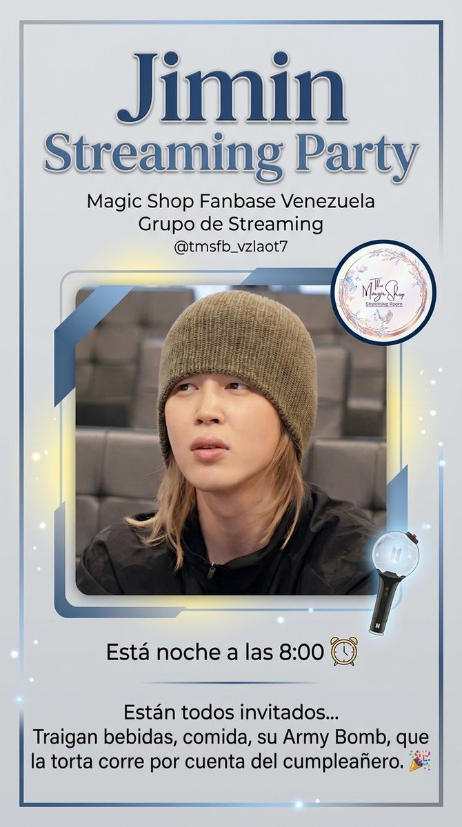 TheMShopfanbase's tweet photo. Happy Birthday Jimin!!
🐣💜
Hoy Streaming Party por el cumpleaños de Jimin 🎂🎉
#JiminDayVzla
#HappyBirthdayJimin
#BTSinVenezuela
@BTS_twt
@tmsfb_vzlaot7 https://t.co/g84Dcf5xcf