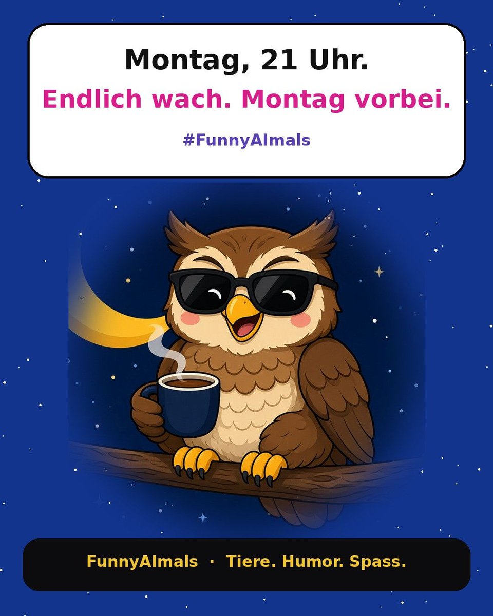 Cod3Artstudio's tweet photo. Montag, 21 Uhr.
Endlich wach. Montag vorbei.

Wer wird auch erst abends so richtig wach?

#FunnyAImals #TierMeme #AIMeme #Eule https://t.co/22K64iX1yS