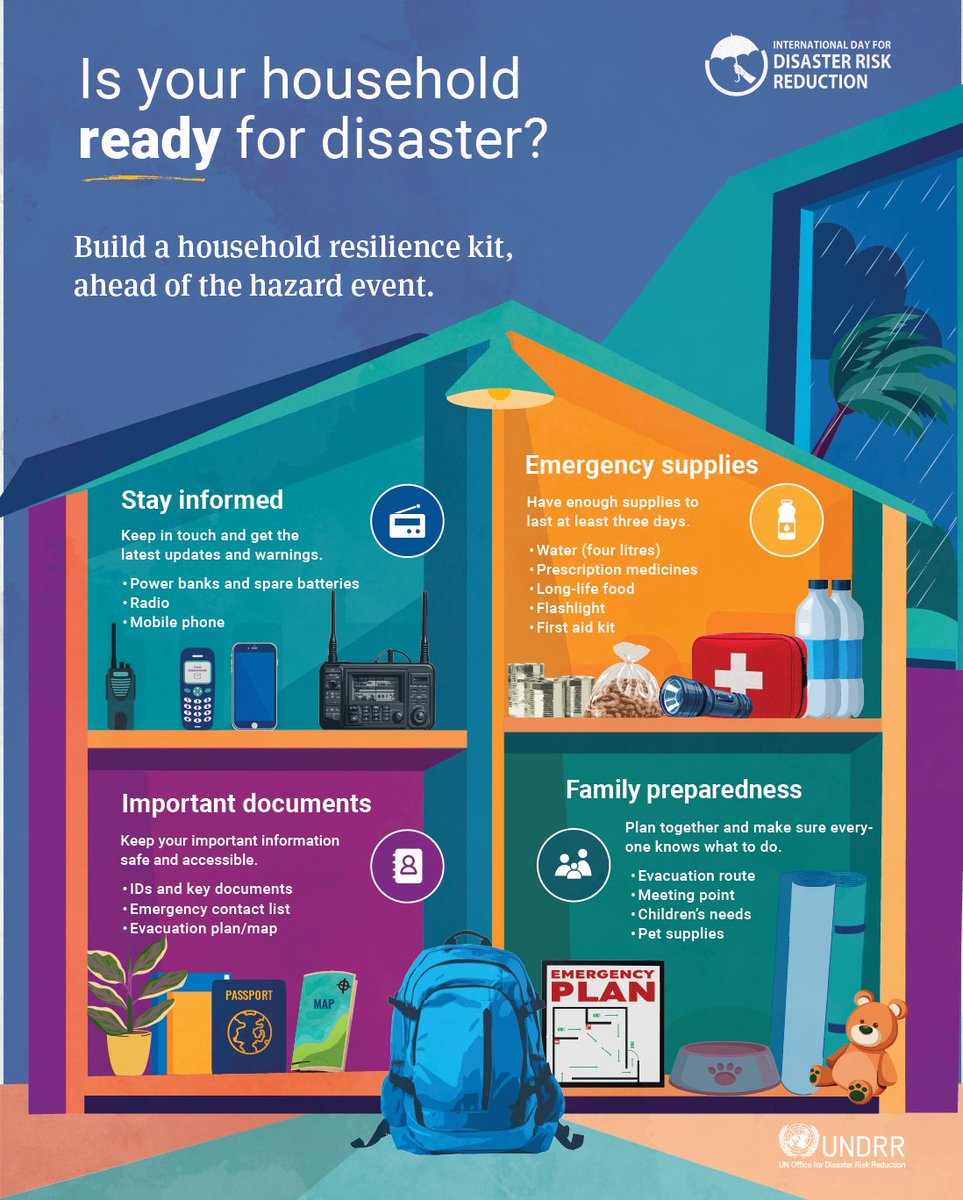 UNDRR's tweet photo. 🏠 Disaster preparedness: there's more to it than packing a bag!
 
💬 What's one thing you'd never leave out of your household preparedness plan?
 
This #DRRDay, discover what it takes to make your household better prepared ➡️ https://t.co/YcPwVJ75Ms
#ResilienceStartsAtHome https://t.co/LOIBMwscLh