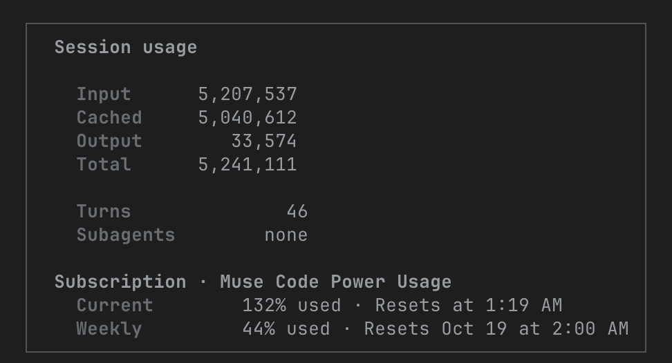 niklasdev's tweet photo. Muse code usage is useless! I am on the $50 "Muse Code Power Usage" an went through 132% of my current usage and 44% of my weekly usage in one prompt!? Using only 5 million input tokens and 33k output tokens!?

I just got the subscription a few minutes ago @Muse https://t.co/GzczaF7a6K