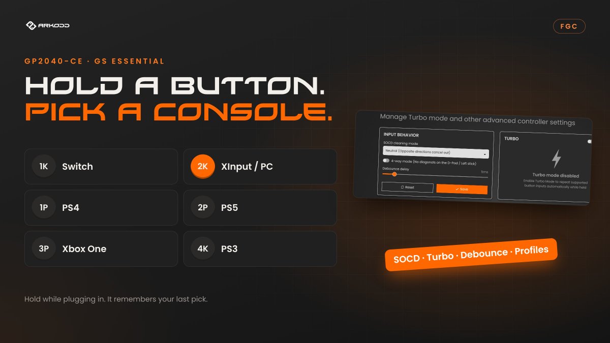 Arkodd_'s tweet photo. FGC setup on GP2040-CE, all from the browser ⚔️
• SOCD cleaning
• Turbo
• Debounce
• 4-way mode
• Several button profiles

To connect, hold Start while you plug in. https://t.co/AMyQuysy9z