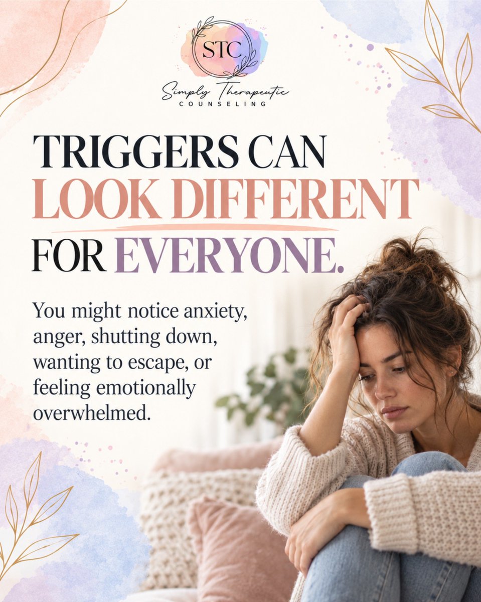 SimplyTherpeuti's tweet photo. Have you ever reacted strongly to something and later wondered, “Why did that affect me so much?”

Emotional triggers can be complex, and understanding them may help you recognize patterns between past experiences.
.
📞 817-482-0537
.
.
#SimplyTherapeuticCounseling https://t.co/R10cLiYqsn
