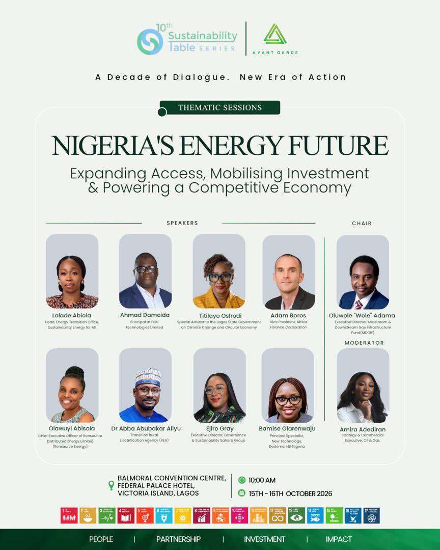 nestaseyi's tweet photo. Ten years of conversations. Ten years of ideas. Now, itβs time to drive greater action.
Join the 10th Sustainability Table Discourse Series (#STSAt10) as we explore how people, planet and prosperity can shape a more sustainable future.
π
October 15β16, 2026
π Balmoral Convention Centre, Federal Palace Hotel, Lagos
Be part of the conversation. Be part of the change.
#STSeries
#SustainabilityTable #PeoplePlanetProsperity