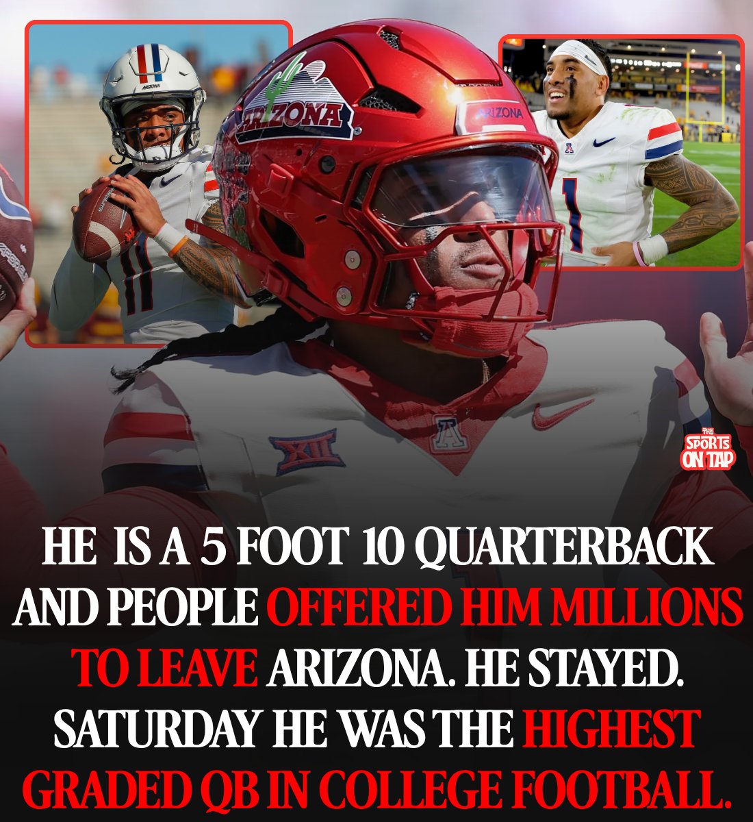 thesportsontap's tweet photo. Noah Fifita is a 5 foot 10 quarterback, and people offered him millions of dollars to leave Arizona.

He stayed.

Saturday he was the highest graded quarterback in college football.

Here is the whole thing.

He is from Huntington Beach, California, and he went to Servite High School in Anaheim.

He threw for 7,273 yards and 83 touchdowns there. Both are school records.

MaxPreps ranked him the eighth best high school quarterback in the country.

Now look at who offered him a scholarship.

Arizona. California. Colorado State. Fresno State. Hawaii. Idaho State. New Mexico. Utah State.

Two of those were Power Five programs. He is 5 foot 10, and that was the whole list.

He picked Arizona.

He sat as a freshman. His first career touchdown pass went to Tetairoa McMillan, who had been his high school teammate.

Then in Week 4 of the next season the starter, Jayden de Laura, got hurt.

Fifita came in and won the game at Stanford. By the time de Laura was healthy, the job was gone.

He threw 25 touchdowns and six interceptions that year and was named the Pac-12 Offensive Freshman of the Year. Against Arizona State he threw for 527 yards and five touchdowns, which is still the most in a game in Arizona history.

Then the coach who recruited him left for Washington.

The next season Arizona went 4 and 8 and Fifita threw 12 interceptions.

That is the moment almost everybody leaves.

Here is what he says about it.

"They've been loyal to me, they've trusted me, so I've been loyal to them."

The year after that Arizona won nine games and he threw 29 touchdowns and made first team All-Big 12.

On September 19 against Northern Illinois he completed 31 of 34 passes for 325 yards and four touchdowns.

One of those completions went seven yards to Isaiah Mizell and made him the leading passer in the history of the school, past Nick Foles.

Mizell said he wanted to make the moment special because Fifita is his brother.

Then Saturday at West Virginia. Sixteen of 23 for 341 yards and three touchdowns, including one that went 72 yards. Arizona won 52 to 31.

Pro Football Focus graded that game a 93.1, the best of any quarterback in the Power Four.

Away from the field he feeds people in Tucson who do not have anywhere to eat, and he coaches kids in flag football. His house is where the team goes. His younger brother Dash is a freshman linebacker there.

Here is what his head coach Brent Brennan says.

"Noah Fifita is the best story in college football."

Everybody leaves now.

He has thrown for more yards than anybody in the history of his school, and he did all of it in one uniform.