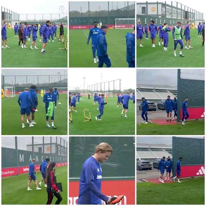 Bruno9ray's tweet photo. 🚨📸 Manchester United players arrived for open training ahead of tomorrow’s Champions League clash with ATM 💙

 de Ligt is training with the group, while Lacey,  Amass and Jack Fletcher are also involved with the first team.

Mazraoui, Šeško and Dorgu remain sidelined. https://t.co/KoBbSXWyRK