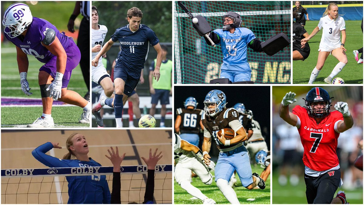 NESCAC's tweet photo. NESCAC Players of the Week

🏑Isabel Ginns, Tufts
🏈Nate Johnson, Tufts
🏈Tommy Kilroy, Wesleyan
🏈Wyatt Morgan, Amherst
⚽️Will Sawin, Middlebury
⚽️Caroline Kelleher, Trinity
🏐Evelyn Kunde, Colby

> https://t.co/Ml6IDW0uNb https://t.co/49kQxrfnNK