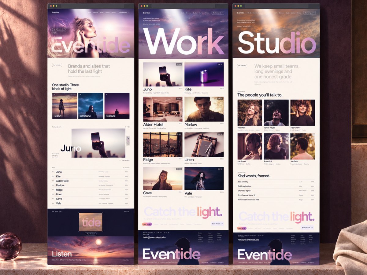 JohnNicholsonIO's tweet photo. Eventide, my Framer template for creative studios.

Violet dusk photography, oversized gradient type and warm editorial layouts across Home, Work and Studio.

Fictional studio demo:
https://t.co/hZfwZX6LFZ

#Framer #WebDesign https://t.co/jieWrgwkID