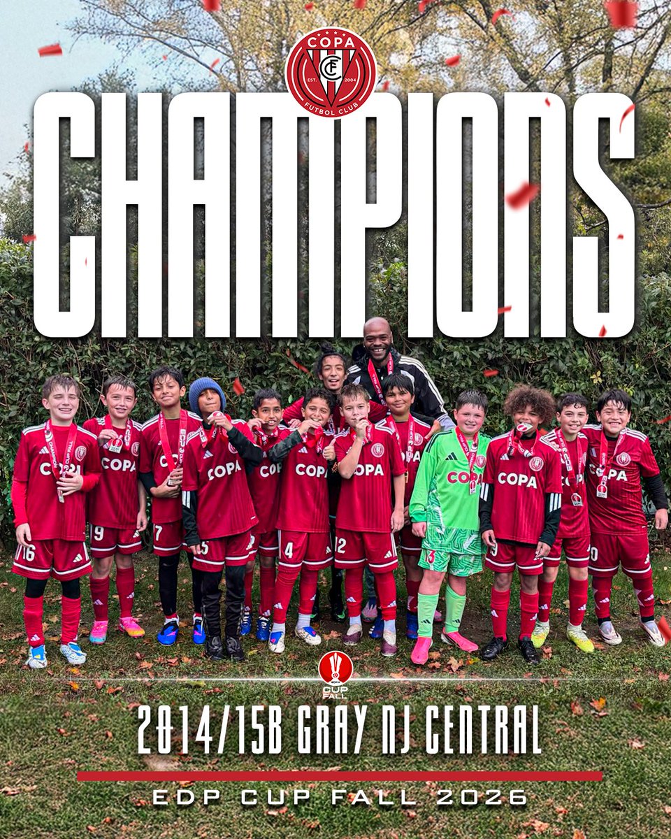 FCCopa's tweet photo. 🏆 EDP CUP FALL CHAMPIONS!

Congratulations to our 2014/15B Gray NJ Central squad on bringing home the championship at the EDP Cup Fall 2026! 🔴⚫️

Way to go, boys! 👏

#FCCopa #fccopaacademy https://t.co/rCUBCjLw0x