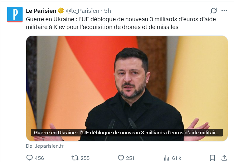 FredGaulois's tweet photo. Et hop, encore un don des Français de + 500 millions d'€ pour acheter des drones et des missiles qui frapperont des raffineries en Russie qui auront comme impact une hausse des carburants.
On a des génies à la tête de l'UE, et les Français sont les dindons de la farce... https://t.co/f3UJwBPFxh