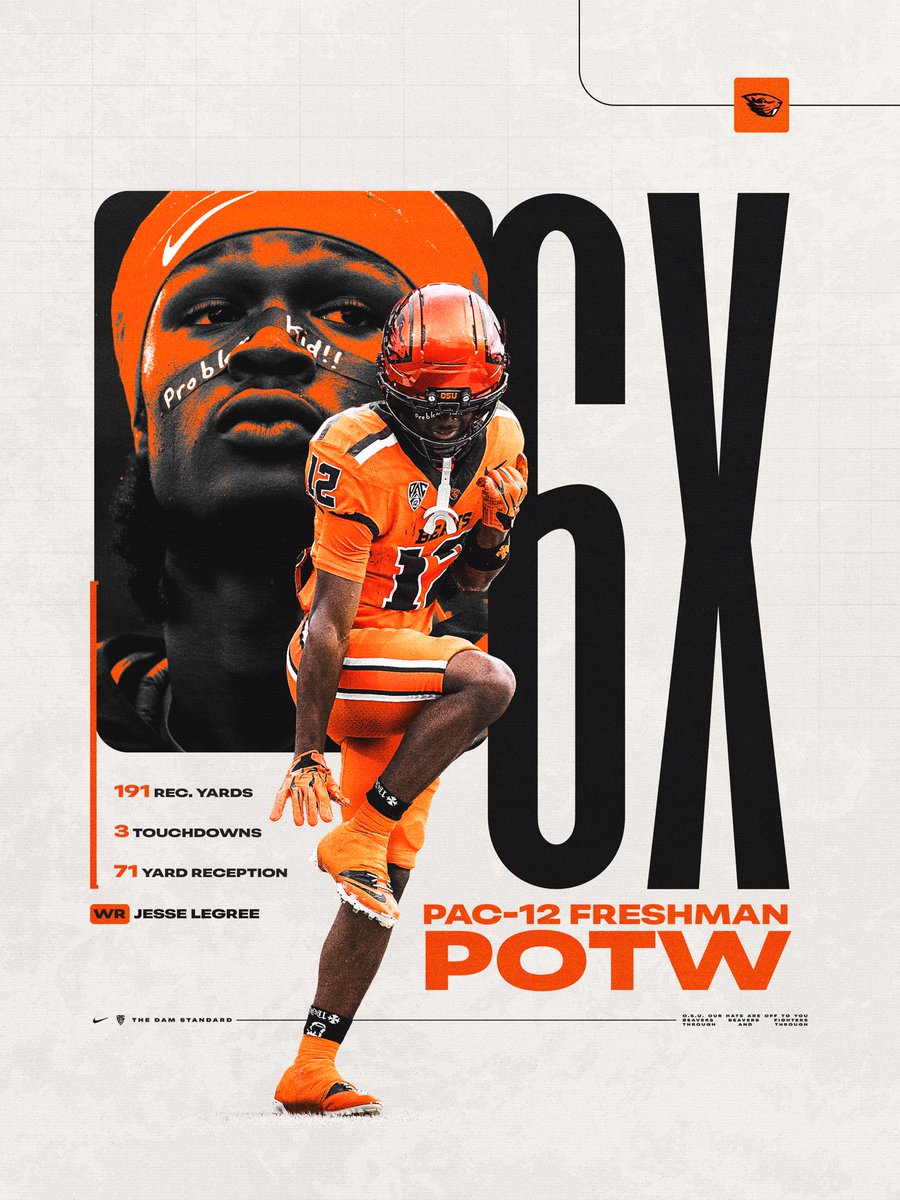 BeaverFootball's tweet photo. 🫨 The SIX TIME @pac12 Freshman of the Week… @jlegree24 🔥

🗞️ https://t.co/3xi65STsFg
—
#TheDamStandard https://t.co/LLx3OIhSzo