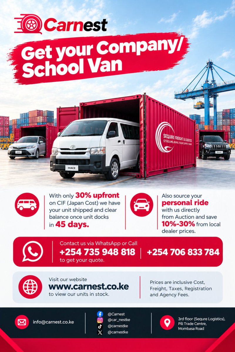 carnestke's tweet photo. Ship with us and save on your personal, company and school vehicle!!!
Check out all our available units on carnest. https://t.co/CnBucW0k1H
Call for a quote at +254 706 833 784 or +254 735 948 818
#carimport #carnest #nairobicars #kenyacars #hiace #prado #axio https://t.co/fi0SZlE9zi