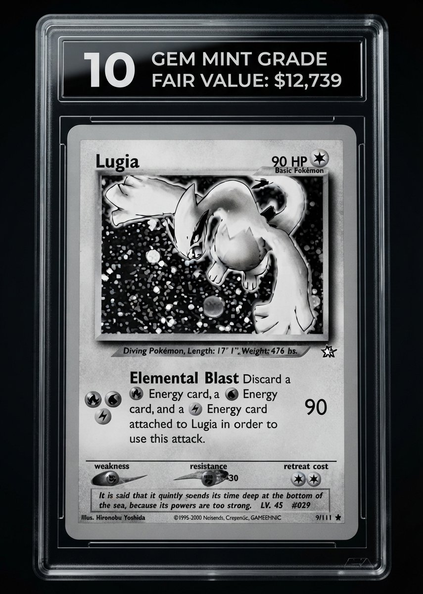 phasmafuture's tweet photo. Neo Genesis Lugia Holo just landed on PHASMA Cards 

PSA 10 fair value sits at $12,739. Vintage Lugia, graded data, population and comps in one place. For $ICP https://t.co/Wz7juUMrdR