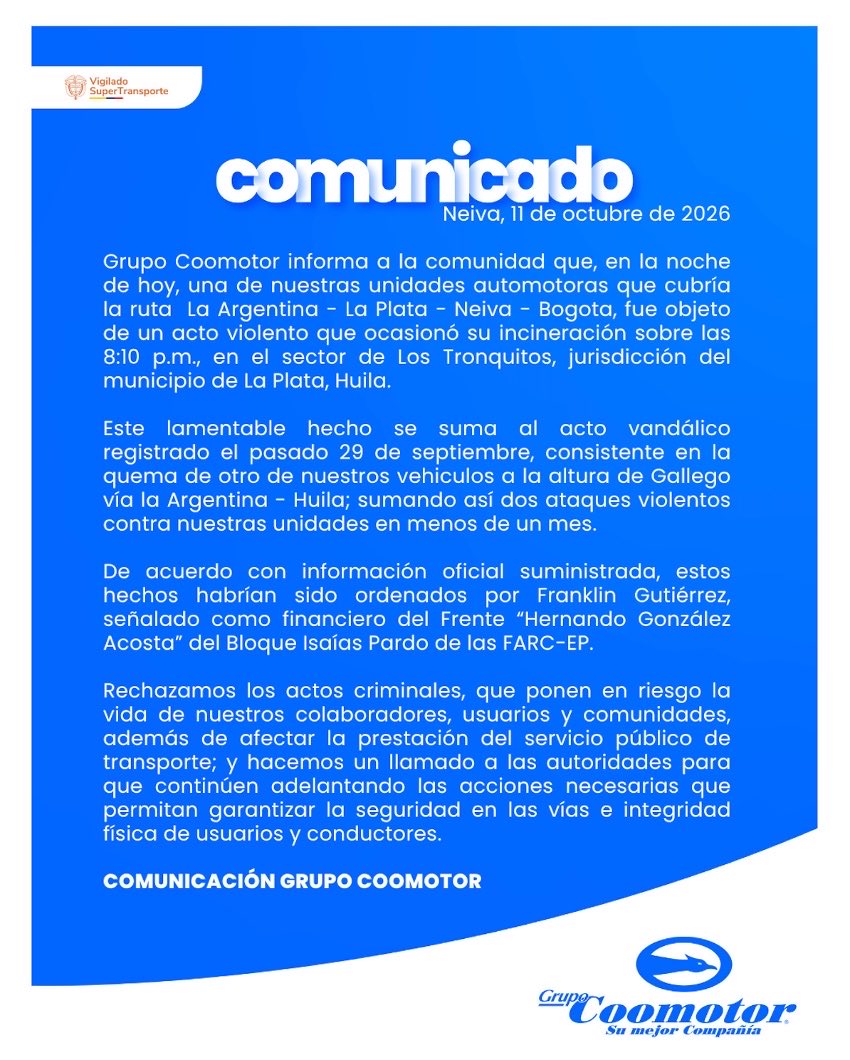 armandocuellara's tweet photo. 🚨 Rechazamos  actos violentos de bandidos contra vehículos de #Coomotor en occidente del Huila. Exigimos a las autoridades acciones contundentes para proteger vida de conductores, pasajeros y comunidades. ¡La violencia no puede frenar nuestra movilidad! 🙌🏻 https://t.co/HBpbFqB9wF