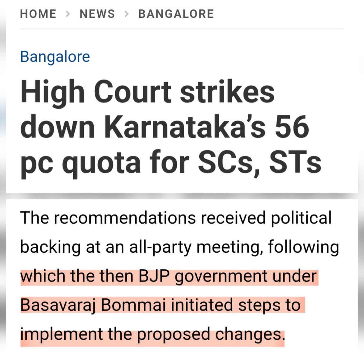 neha_laldas's tweet photo. ‼️बड़ी खबर‼️
कर्नाटक हाईकोर्ट ने राज्य की 56% आरक्षण नीति को रद्द कर दिया है!

बता दें कि 2022 में भाजपा सरकार ने SC/ST आरक्षण बढ़ाकर 24% कर दिया था जिससे कुल आरक्षण 56% हो गया था! https://t.co/YFCi0dscyE